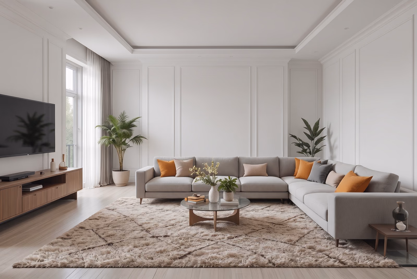 The living room before painting: white paneled walls, a gray sectional and a window with sheer curtains